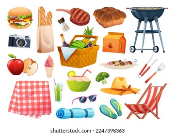 Set of picnic elements. Basket with food, beverage, fruits, grilling equipment vector illustration