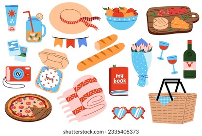 Set of picnic elements. Hand drawn picnic basket, drinks, blanket, camera, snacks, book, sun protect and more isolated on white background.