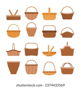 Set of Picnic Empty Basket Isolated Element Objects for Camping Vacation Travelling with Wooden handmade handler. Flat Style Icon Vector Illustration