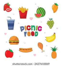 Set of picnic food with colourful text vector illustration in cartoon style fries, drinks, burger, chicken, banana, grapes, watermelon, mango, strawberry, apple, pineapple on white background