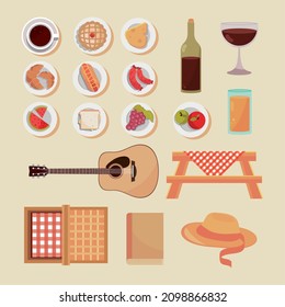 set of picnic food, guitar and basket