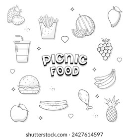 Set of picnic food with text black outline colouring page for kids vector illustration