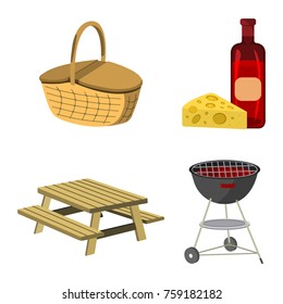 Set of Picnic icon. BBQ label on white Background.  Cartoon style. Vector Illustration.