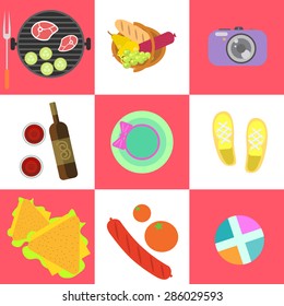 Set of picnic icons and barbeque outdoor family weekend objects in flat style. Food, grill, camera, clothes, keds, wine on square checkerboard background