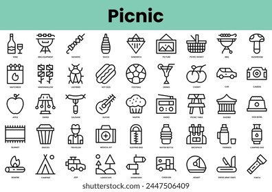 Conjunto de iconos de picnic. Paquete de iconos de estilo lineal. Ilustración vectorial