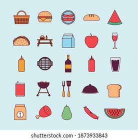 set of picnic icons on a blue background vector illustration design