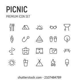 Set of picnic line icons. Premium pack of signs in trendy style. Pixel perfect objects for UI, apps and web. 