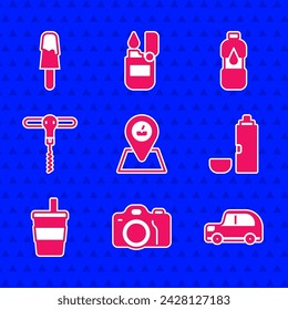 Set Picnic location, Photo camera, Car, Thermos container, Paper glass with water, Wine corkscrew, Bottle of and Ice cream icon. Vector