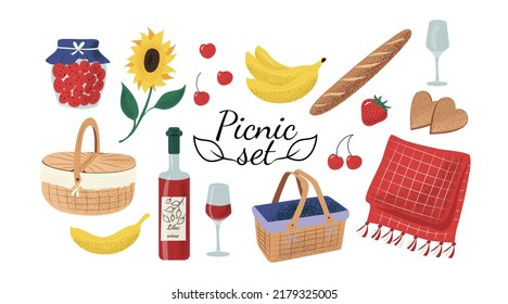 Set with picnic objects, baskets, food and drinks, hand drawn vector illustration in flat style with grain texture, isolated on white background