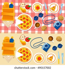 Set picnic on the grass vector illustration. Picnic basket, pizza, camera, apple, sandwich, checkered tablecloth. Happy weekend
