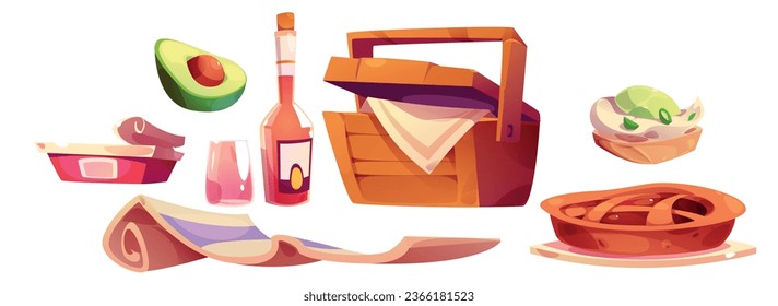 Set for picnic in park with wicker basket, bottle of drink and variety of snacks. Cartoon vector illustration of hamper, blanket and food for outdoor lunch - pie and sandwich, avocado and tin.