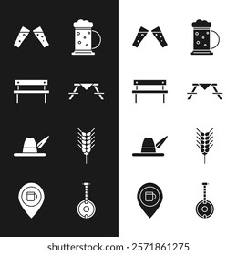 Set Picnic table with benches, Bench, Glass of beer, Wooden mug, Oktoberfest hat, Wheat, Banjo and Alcohol or bar location icon. Vector