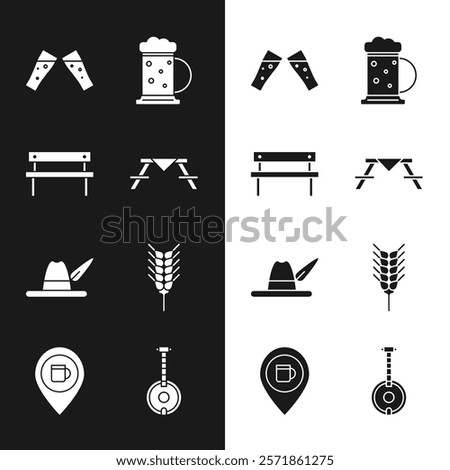 Set Picnic table with benches, Bench, Glass of beer, Wooden mug, Oktoberfest hat, Wheat, Banjo and Alcohol or bar location icon. Vector