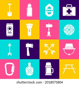 Set Picnic table with benches, Camping hat, Wind rose, Rafting boat, Flashlight, City map navigation, Shovel and Road traffic signpost icon. Vector