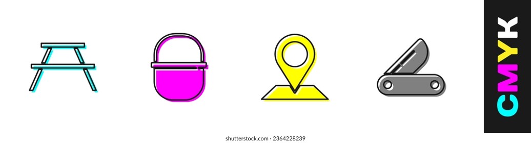 Set Picnic table with benches, Camping pot, Location and Swiss army knife icon. Vector