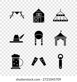 Conjunto de mesa de picnic con bancos, Casa de la granja, candelabro de acero masivo, taza de cerveza de madera, vidrio de vidrio, abridor de botellas, sombrero Oktoberfest e icono de trenza. Vector