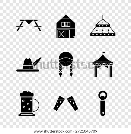 Set Picnic table with benches, Farm House, Massive steel chandelier, Wooden beer mug, Glass of, Bottle opener, Oktoberfest hat and Braid icon. Vector