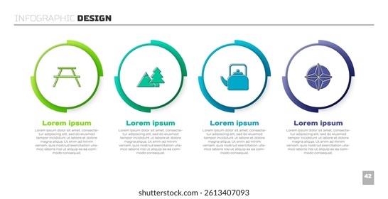 Set Picnic table with benches, Mountains tree, Kettle handle and Wind rose. Business infographic template. Vector