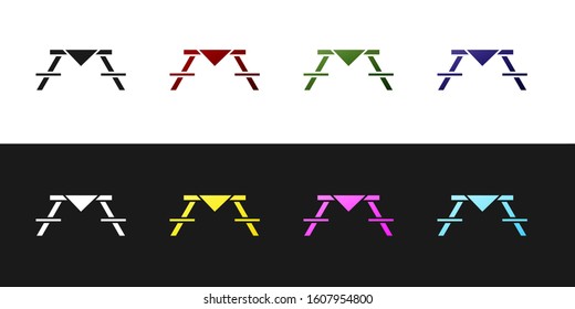 Set Picnic table with benches on either side of the table icon isolated on black and white background.  Vector Illustration