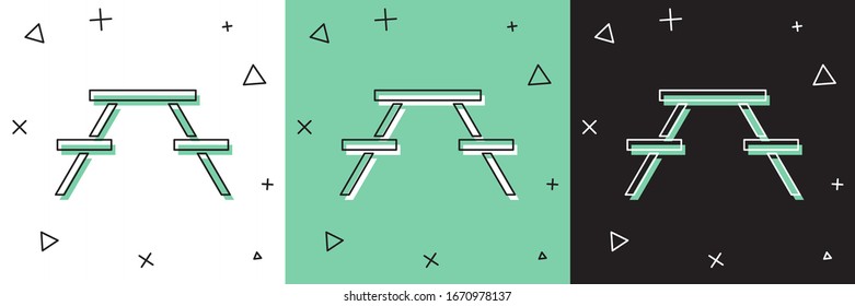 Establezca la tabla Picnic con bancos a ambos lados del icono de la mesa aislados en fondo blanco y verde y negro. Ilustración vectorial