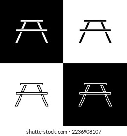 Establezca la tabla Picnic con bancos a ambos lados del icono de la tabla aislados en fondo blanco y negro.  Ilustración vectorial