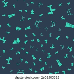 Set Picnic table with benches, Road traffic signpost, Mountains tree and Flashlight on seamless pattern. Vector