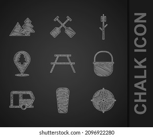 Set Picnic table with benches, Sleeping bag, Wind rose, Camping pot, Rv trailer, Location of the forest, Marshmallow stick and Mountains tree icon. Vector