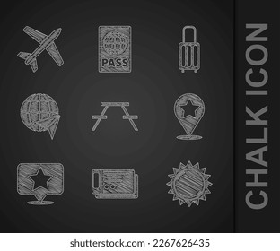 Set Picnic table with benches, Travel ticket, Sun, Map pointer star, Globe flying plane, Suitcase and Plane icon. Vector