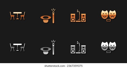 Set Picnic table with chairs, Magic hat and wand, Home stereo two speakers and Comedy tragedy masks icon. Vector