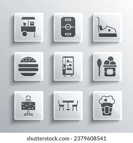 Set Picnic table with chairs, Popcorn in box, Ice cream bowl, Vending machine, Magic ball on, Burger, Fast street food cart and Bumper icon. Vector