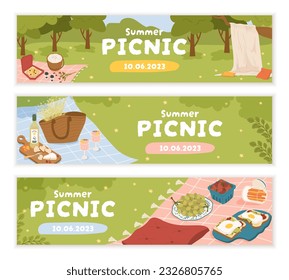 Set of picnic templates. Blankets with basket of food, flowers and grass. Summer and spring holidays outdoor. Poster or banner for website. Cartoon flat vector collection isolated on white background