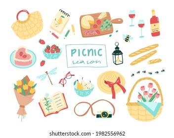 Set of picnic themed vector elements. Includes basket, cheese plate, wine, cake, fruits, sun hat and all things necessary for a good picnic in cute cartoon style. Elements are isolated.