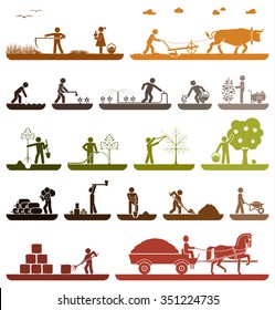 Set of pictogram icons presenting agricultural work and life on the farm. Mowing, plowing, planting, watering, transporting with horse drawn wagon. Agriculture icons. Organic production. 