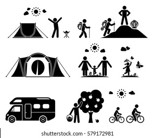 Set of pictogram icons presenting various activities on camping in the nature. Family vacation.