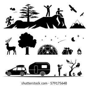 Set of pictogram icons presenting various activities on camping outdoors in wild with tents and caravans. Hiking, bird watching, sitting by the camp fire, looking at the wild animals.