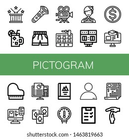 Set of pictogram icons such as Drum, Cocktail, Controller, Swimsuit, Video camera, Hotel, Painter, Scoreboard, Budget, Education, Piano, Choose, Accounting, Playing cards , pictogram