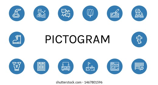 Set of pictogram icons such as Flask, Statistics, Speech bubble, Spinach, Trowel, Ruined, Dog, Menu, Printer, Golf, Analytics, Bar code, Boots, Orthodox cross , pictogram