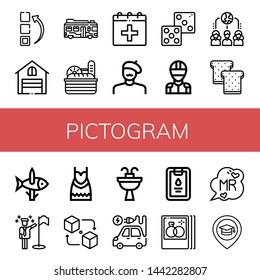 Set of pictogram icons such as Menu, Garage, Bus, Bread, Date, Painter, Dice, Racer, Network, Toast, Fishing, Goals, Dress, Packet, Sink, Electric vehicle, Clipboard , pictogram