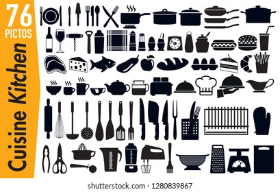Set of pictogram to illustrate the theme of kitchen utensils, grouping on a board, signage for advertising and marketing.