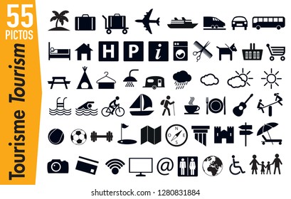 Set of pictogram to illustrate the theme of tourism and holidays, grouping on a board, signage for advertising and marketing.