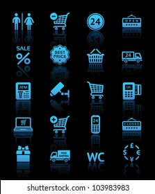 Set pictogram supermarket services, shopping blue icons