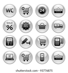 Set pictogram supermarket services, Shopping Icons, Gray round buttons