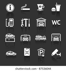 Set pictograms. Car services. Gas station. Symbols Roadside services. Dark gray background