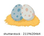 Set of pictograms with colored dinosaur eggs. Dinosaur eggs laid on a straw nest. Vector illustration of different dinosaur eggs