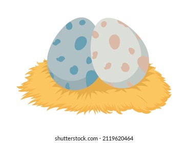 Set of pictograms with colored dinosaur eggs. Dinosaur eggs laid on a straw nest. Vector illustration of different dinosaur eggs