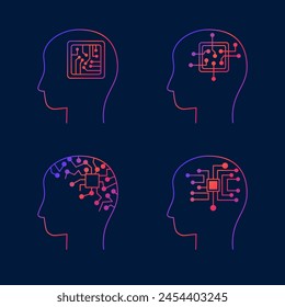 Conjunto de pictogramas de tecnologías digitales, aprendizaje automático, Iniciar sesión de inteligencia artificial línea estilo gradiente. Robótica inteligente, IA chat bots iconos. Ilustración vectorial de contorno aislada