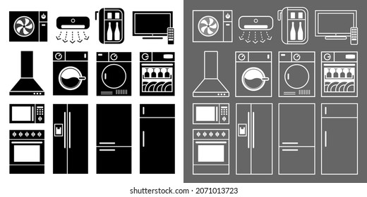 Set of pictograms of household appliances that work with electricity in the form of black silhouettes or white line. 