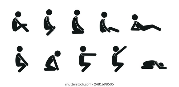  a set of pictograms of human figures in different poses, gymnastics, healthy lifestyle