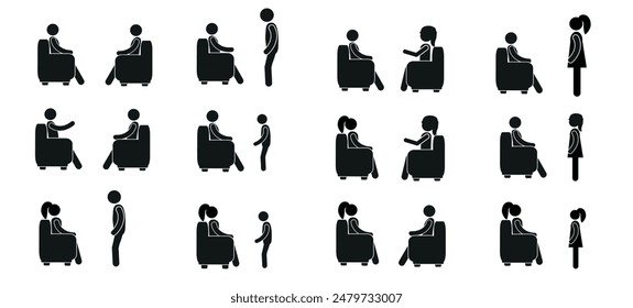  a set of pictograms of human figures, man, ;woman, children, people, sitting in an armchair, standing, conversation, thought, negotiations, flat illustration on a white background