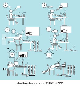 Set of pictograms and icons of work on the computer. A person who makes a project in a day